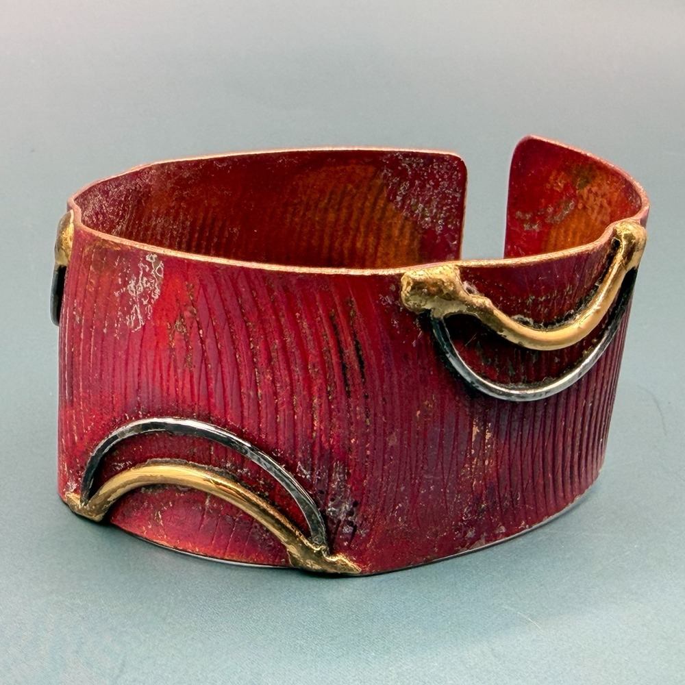 Red Textured Wide Cuff Bracelet Gold & Silver Tone Abstract Statement Vintage